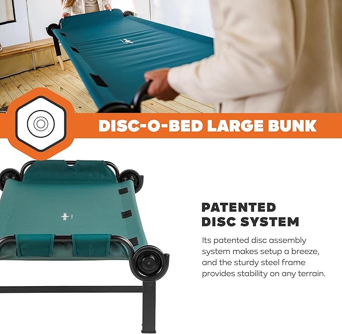Disc-O-Bed Large Outdoor Convertible 2 Person Bench and Double Camping Cot Portable Bed Bunk System for Adults, Green