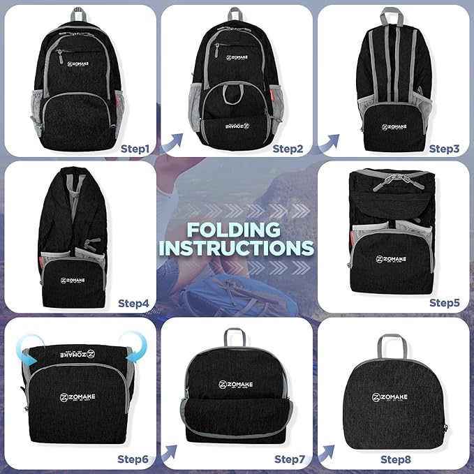 ZOMAKE Ultra Lightweight Packable Backpack 20L,Small Foldable Backpacks Hiking Water Resistant Collapsible Daypack for Women Men(Black-C2)