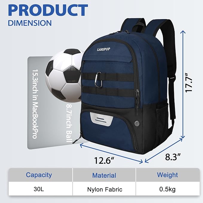 LARIPOP Soccer Backpack,Soccer Bag with Ball Holder and Shoe Compartment,Sports Equipment Training Bags Fits Basketball