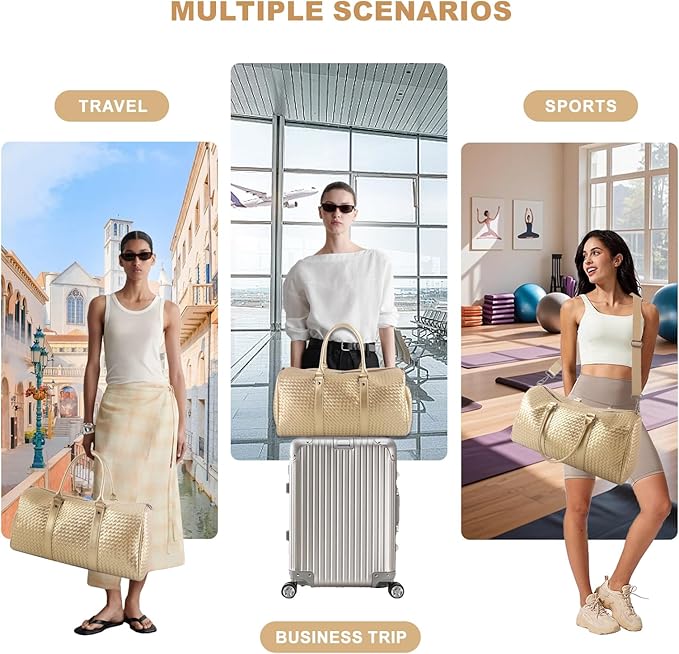 Weekender Bags for Women Woven Leather Travel Duffel Bag with Shoe Compartment, Carry On Garment Bag for Men Women, Large Capacity Water-resistant Gym Tote (Gold)