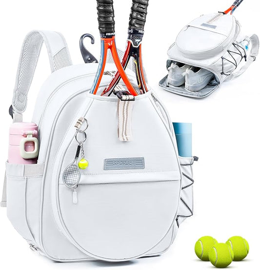 Tennis Backpack with 2 Rackets Holder, Water-Resistant PU Leather Tennis Racket Bag for Women & Men, Sling Crossbody Sports Backpack for Tennis, Pickleball & Badminton, Tennis Gifts