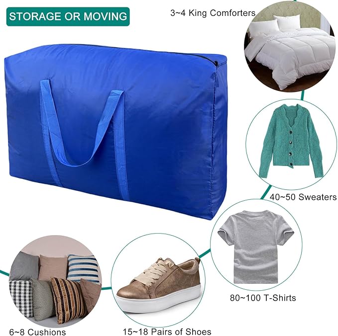 100L Extra Large Storage Bags, Big Moving Bags with Strong Zippers & Carrying Handles, Packing Bags for Moving, Storage, Travel and Camping, Storage Totes For Space Saving (Blue, 4 Pack)