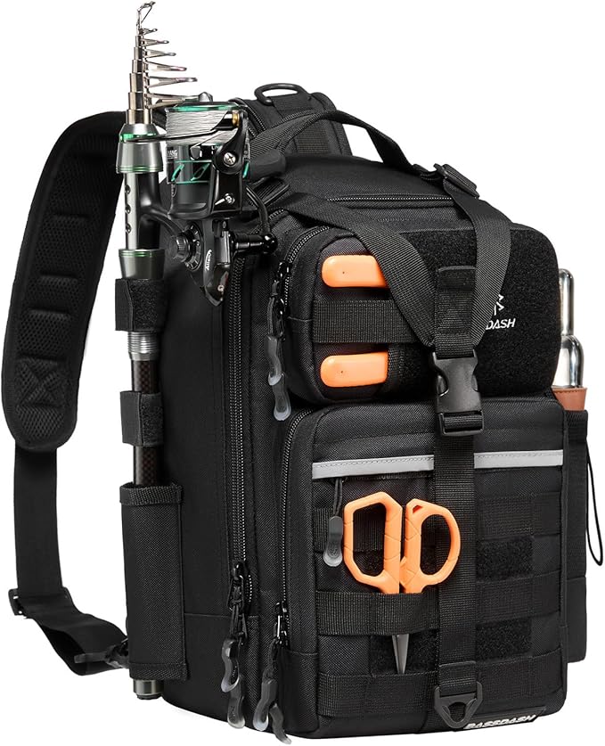 BASSDASH Convertible Fishing Backpack Sling Bag with Rod Holder, Adjustable Tactical Water-Resistant Tackle Storage Pack FP07