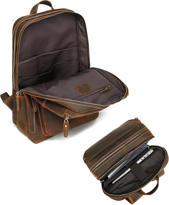 LANNSYNE Vintage Genuine Leather 16" Laptop Backpack For Men Hiking Travel Bag Camping Rucksack