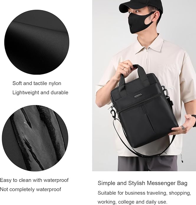 natyrlpog Men's 14-inch Laptop Shoulder Bag Nylon, Messenger Bag Business Waterproof Casual Black, Large Crossbody for Work Travel Outdoor