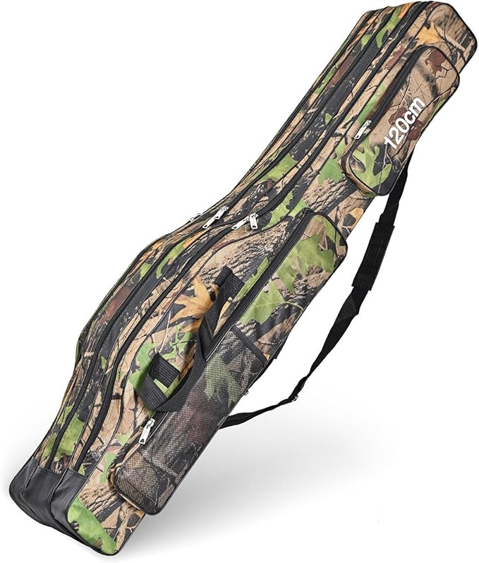 3 Layers Fishing Pole Bag,Portable 3 Layers Oxford Folding Rod Carry Case,Fishing Reel Tackle Storage Bag Case