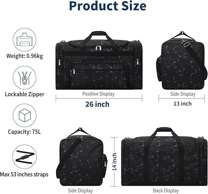 75L Large Duffle Bag for Men - 26 inch Duffel Bag Heavy Duty for Weekend Travel Sport Camping/Travel - Marble Black