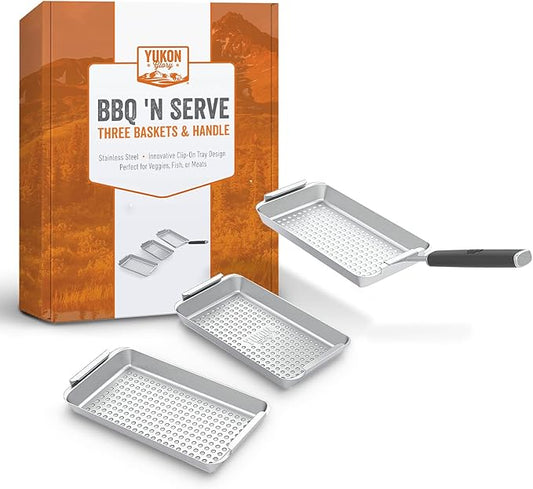 Yukon Glory™ BBQ 'N SERVE Grill Basket Set - Includes 3 Grilling Baskets a Serving Tray & Clip-on Handle - "Patented Grill-to-Table Design" Perfect For Grilling Fish Veggies & Meats