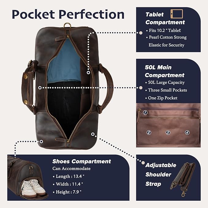 Leather Duffle Bags for Men with Shoe Compartment – 23.6" x 12.6" x 11" Travel Bag, Gym Bag, Also Suitable for Crossbody or Shoulder Carry, Dark Brown Large Size