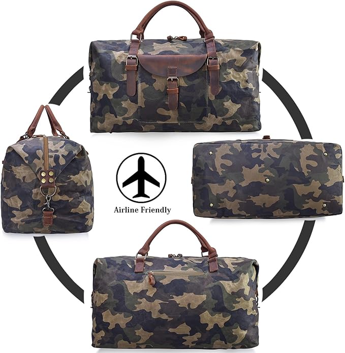 Oversized Travel Duffel Bag Waterproof Canvas Genuine Leather Weekend bag Weekender Overnight Carryon Hand Bag Camo