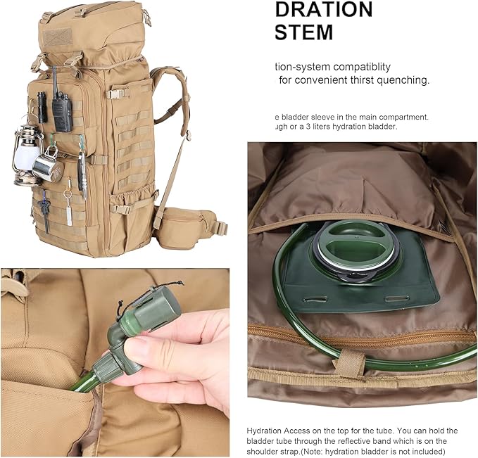 Zsearaymy 75L Hiking MOLLE Backpack with Internal Frame & Rain Cover for Tactical, Camping, Backpacking, Survival Travel (TAN)