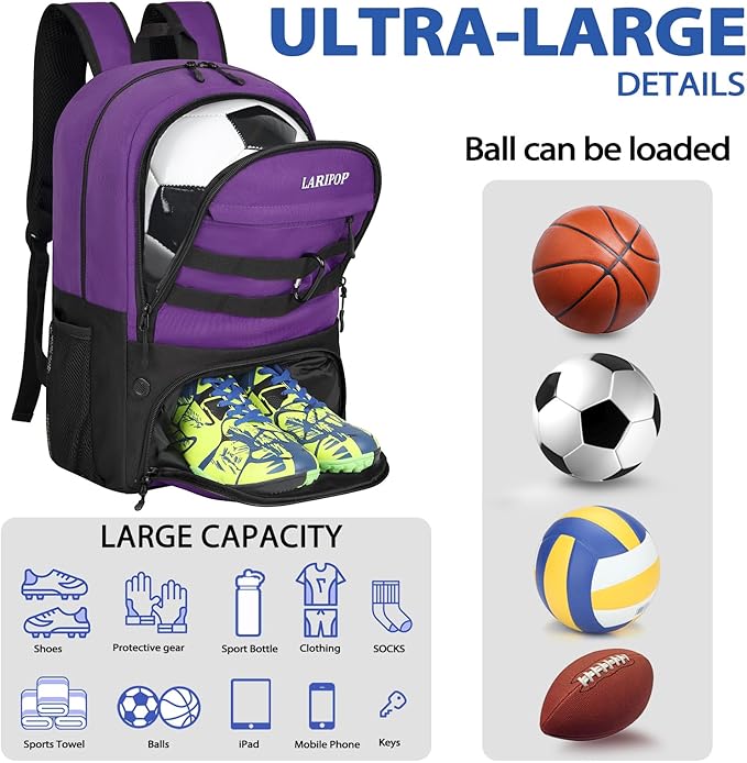 LARIPOP Soccer Backpack,Soccer Bag with Ball Holder and Shoe Compartment,Sports Equipment Training Bags Fits Basketball