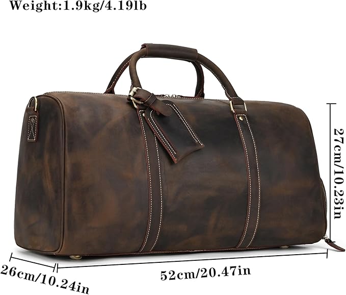 Leather Duffel Bags for Men and Women, 20 Inch Full Grain Leather Travel Overnight Weekend Bags, Dark Brown