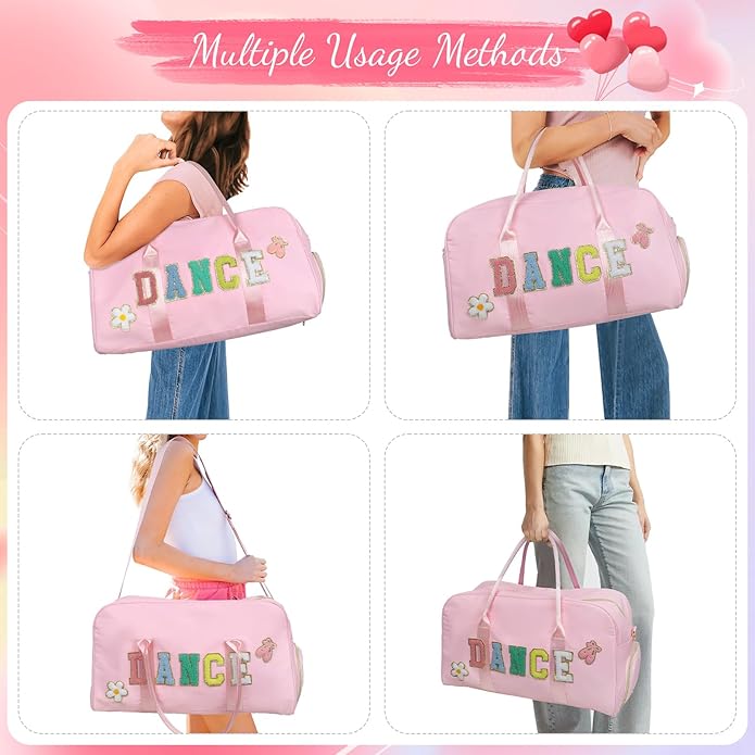 Dance Bag for Girls 2PCS Ballet Cheer Bag with Shoes Compartment Chenille Letter Embroidery for Dancer Travel Overnight bag