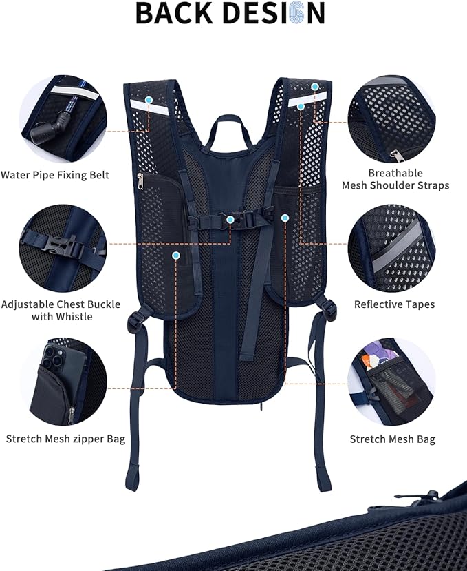 Blue Quartz Hydration Backpack with 2L Water Bladder, Hiking Water Backpack for Women Men, Lightweight Cycling Daypack with Phone Pocket & Helmet Net Bag, Hydration Pack for Biking, Running, Skiing