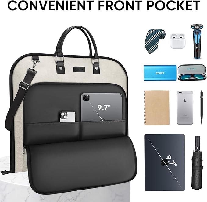 BALEINE Travel Garment Bag, Travel Suit Bag for Men, 42'' Waterproof Carry on Garment Bag for Hanging Clothes, Garment Duffel Bag for Travel Business (Beige)