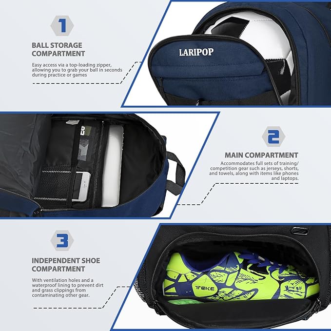 LARIPOP Soccer Backpack,Soccer Bag with Ball Holder and Shoe Compartment,Sports Equipment Training Bags Fits Basketball