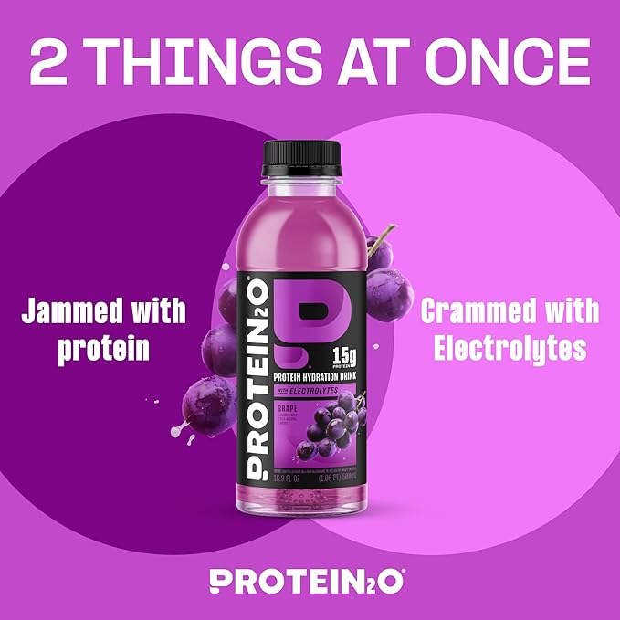 Protein2o Hydration Drink - 2-in-1 Liquid Clear Whey Protein Isolate and Electrolyte Drink - 15g Protein, Vitamins B5, B6 - Post-Workout Recovery - 16.9 Fl Oz - Grape, (Pack of 24)