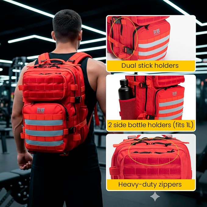 Xtreme 30L Tactical Backpack - Carry-On Travel and Gym Daypack with 16-inch Laptop Sleeve, Stick Holder, Double Bottle Pockets, Recycled-Fabric Shell, Reliable Zippers, Rain Cover (Red)