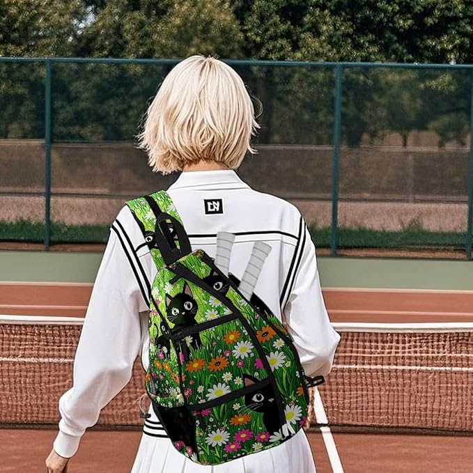 Pickleball Bag Cartoon Cats Green Pickle Ball Backpack for Women Men Premium Lightweight Crossbody Sling Bag Sports Backpack for Pickleball Paddle Tennis