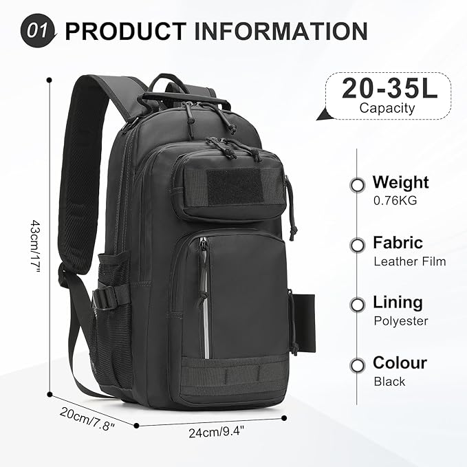 35L Fishing Backpack with Rod Holder, Waterproof Tackle Sling Crossbody Bag with Multi Pocket for Fishing Camping Hunting Hiking, Black