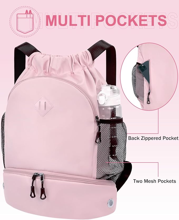 Drawstring Backpack Gym Backpack with Shoe Compartment for Men Women String Sports Bag with Wet Pocket Cinch Swim Beach Bag, Pink (Patent Pending)