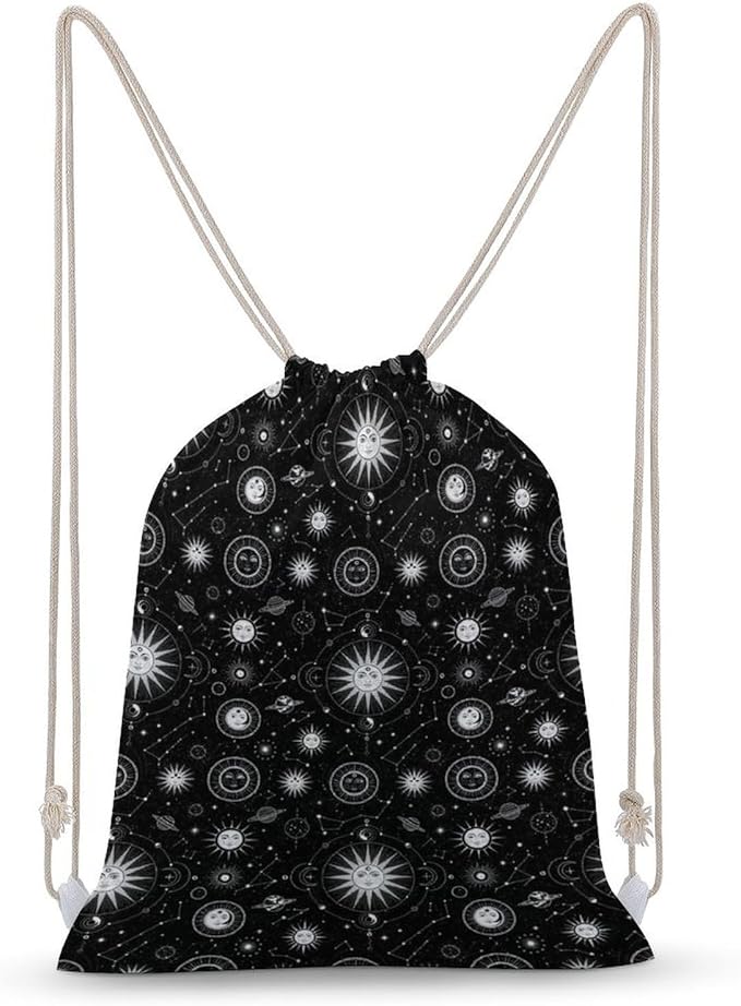 Canvas Drawstring Backpack for Men Women Lightweight Workout Gym Storage Bag, Sun Moon Star Constellation Art Funny Drawstring Bags for Travel Sport