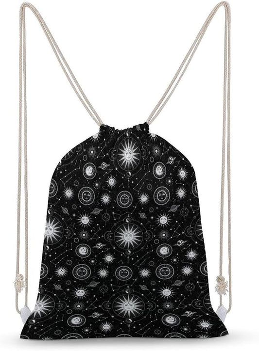 Canvas Drawstring Backpack for Men Women Lightweight Workout Gym Storage Bag, Sun Moon Star Constellation Art Funny Drawstring Bags for Travel Sport