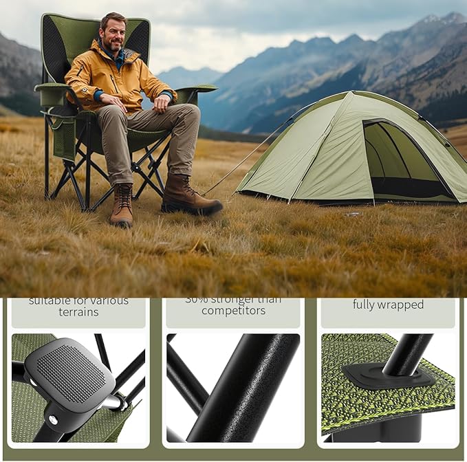 Heavy Duty Folding Chair 500LB Capacity, Oversized Camping Chairs with Cup Holder, Cooler Bag & Storage Pouch, Double-Layer Fabric, Outdoor Chairs for Sports, Lawn Chairs (2, Black Green, Oversized)