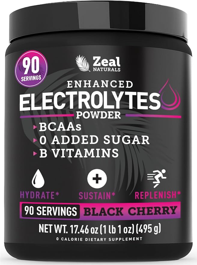 Zeal Electrolyte Powder - 90 Servings | Keto Electrolytes Powder | Zero Sugar, BCAAs, B-Vitamins | Potassium, Zinc, Magnesium | Hydration Powder Recovery Drink | Black Cherry