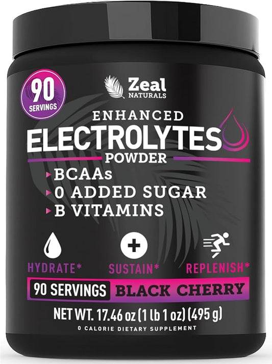 Zeal Electrolyte Powder - 90 Servings | Keto Electrolytes Powder | Zero Sugar, BCAAs, B-Vitamins | Potassium, Zinc, Magnesium | Hydration Powder Recovery Drink | Black Cherry