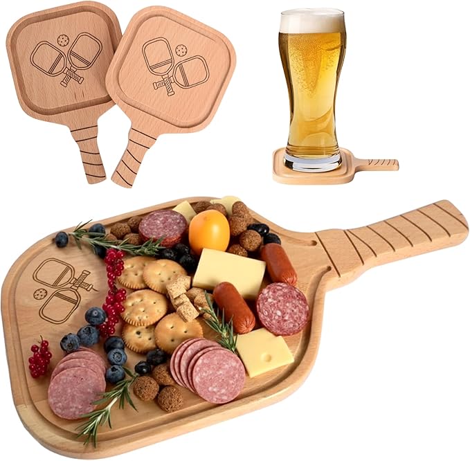 3pcs, Set of Pickleball Charcuterie & Cutting Board with 2 Drink Coasters - Funny Pickleball Christmas - Gifts for Women & Men, Unique Pickle ball Gift Ideas, Stocking Stuffers for Players & Lovers,