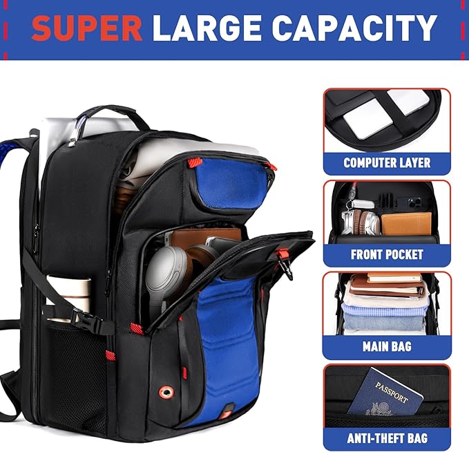 Z-MGKISS Large Travel Backpack for Men, 18.4 Inch Laptop backpack, TSA Flight Approved, Water Resistant, Business Work Bag with USB Charging Port, Extra large Backpacks, Blue