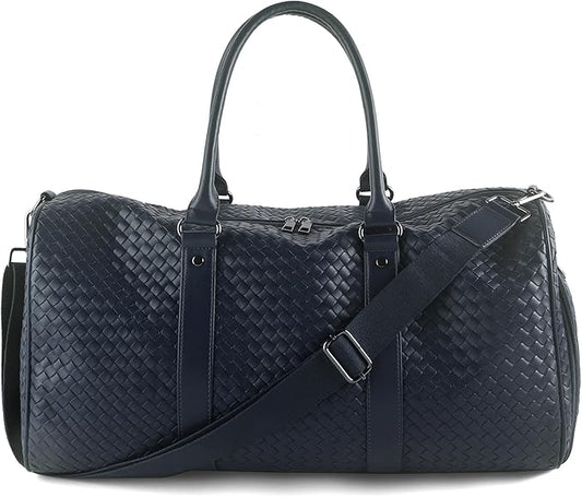 Weekender Bags for Women Woven Leather Travel Duffel Bag with Shoe Compartment, Carry On Garment Bag for Men Women, Large Capacity Water-resistant Gym Tote (Dark Blue)