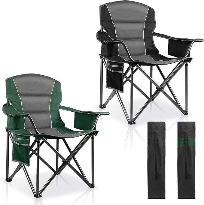 2 Pack Padded Oversized Camping Chairs for Adults,Heavy Duty Support 400 Lbs,Folding Portable Lawn Chair w/Cup Holder,Cooler Bag,Side Pocket,Perfect for Outdoor Picnic,Hiking(Black&Green)