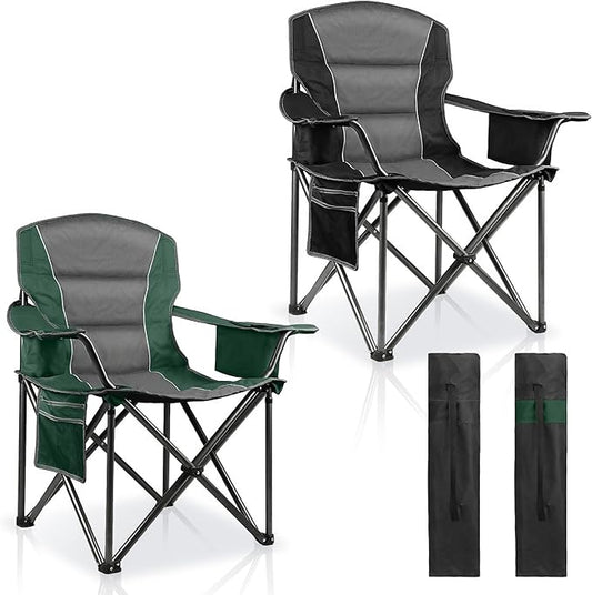 2 Pack Padded Oversized Camping Chairs for Adults,Heavy Duty Support 400 Lbs,Folding Portable Lawn Chair w/Cup Holder,Cooler Bag,Side Pocket,Perfect for Outdoor Picnic,Hiking(Black&Green)
