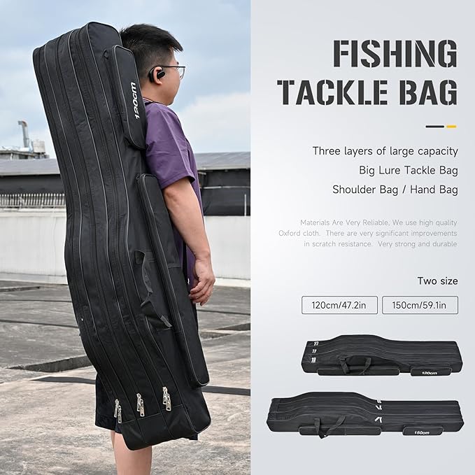 3 Layers Fishing Pole Bag,Portable 3 Layers Oxford Folding Rod Carry Case,Fishing Reel Tackle Storage Bag Case