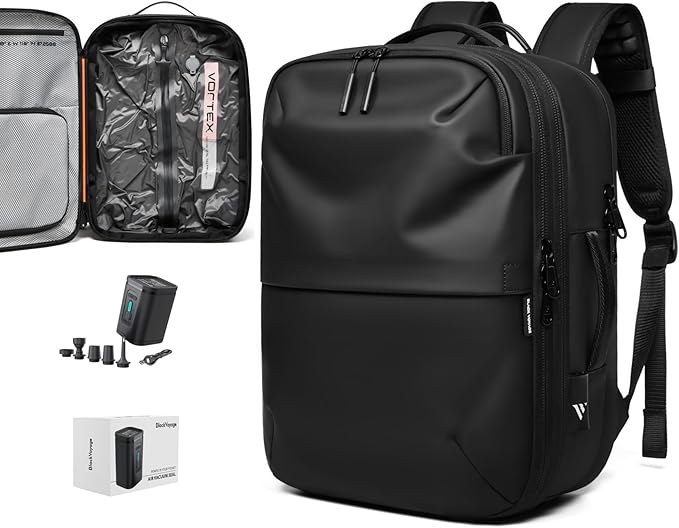 BlackVoyage Vortex Vacuum Seal Travel Backpack 60L Expandable Air Compression System Water Resistant TSA Lock Carry-On Suitcase Luggage Black AERO Lite - Vacuum Pump Included
