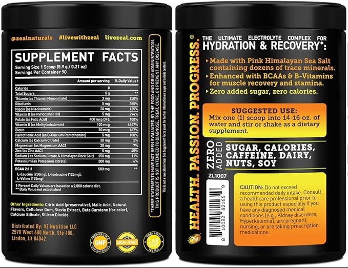 Zeal Electrolyte Powder - 90 Servings | Keto Electrolytes Powder | Zero Sugar, BCAAs, B-Vitamins | Potassium, Zinc, Magnesium | Hydration Powder Recovery Drink | Orange Pineapple
