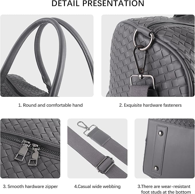 Weekender Bags for Women Woven Leather Travel Duffel Bag with Shoe Compartment, Carry On Garment Bag for Men Women, Large Capacity Water-resistant Gym Tote (Gray)