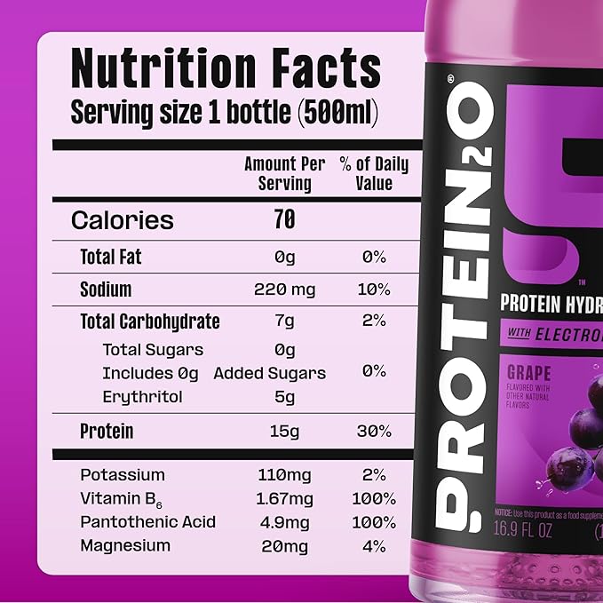 Protein2o Hydration Drink - 2-in-1 Liquid Clear Whey Protein Isolate and Electrolyte Drink - 15g Protein, Vitamins B5, B6 - Post-Workout Recovery - 16.9 Fl Oz - Grape, (Pack of 24)
