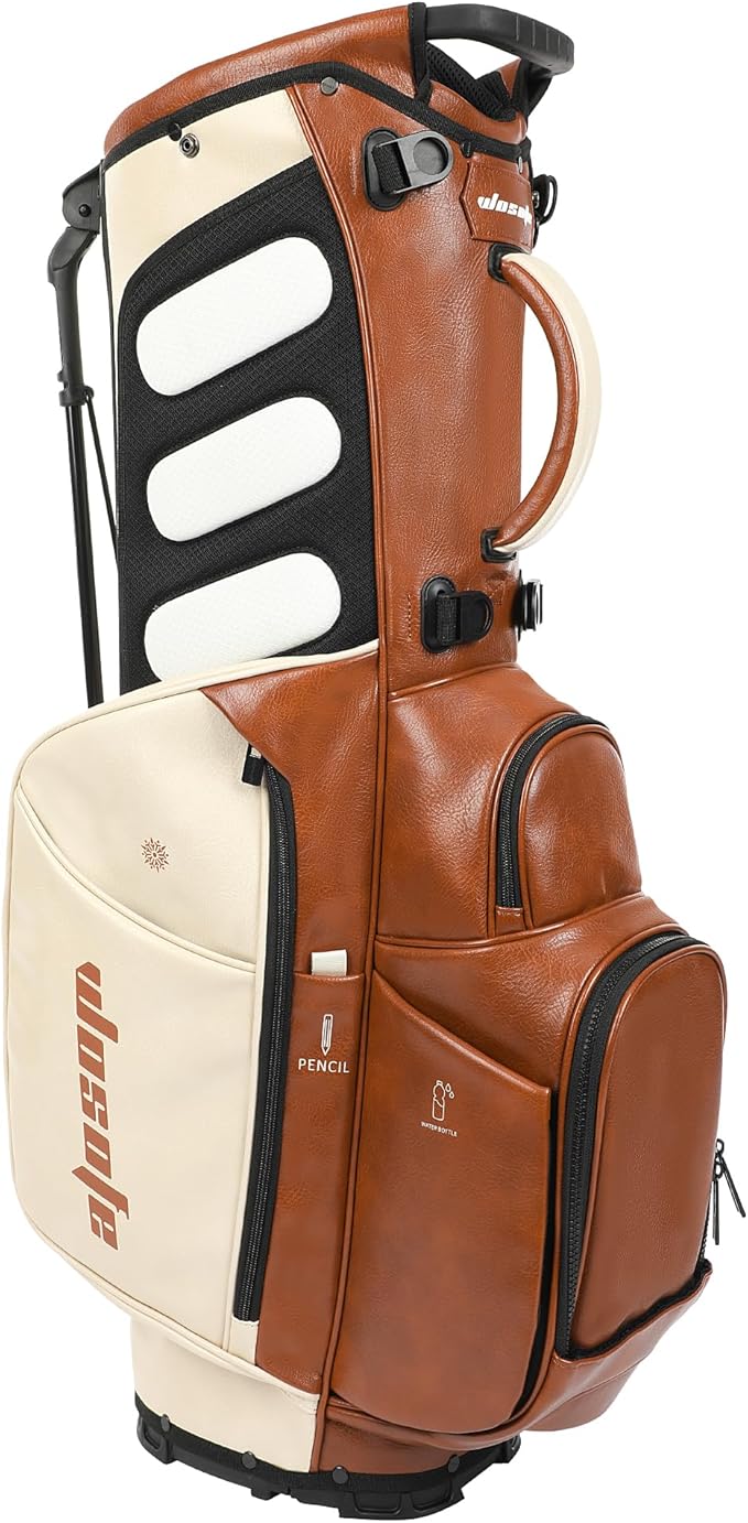 WOSOFE PU Golf Bag with 6/14 Way Top Dividers Automatically Adjustable Dual Straps Elegant Design for Men Women Pu Golf Stand Bag with Multiple Pockets