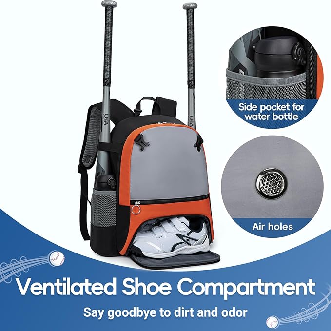 2025 Youth Baseball & Softball Bag | Ultra-Light Tball Backpack with Shoe Compartment & Helmet Holder | Skin-Soft Fabric