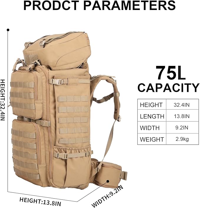 Zsearaymy 75L Hiking MOLLE Backpack with Internal Frame & Rain Cover for Tactical, Camping, Backpacking, Survival Travel (TAN)
