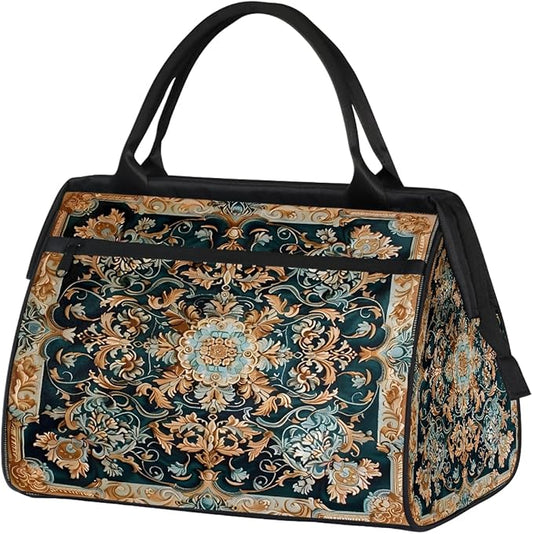 Travel Duffle Bag, Tile Flower Ornament Overnight Weekender Tote Bag for Women Men Waterproof Carry On Luggage with Zipper Lightweight Sport Gym Bag for Traveling Yoga Camping Traveling Gifts