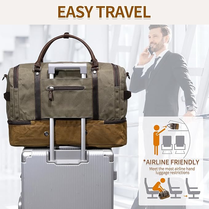 Nerlion Green Large Weekender Overnight Duffel Bag with Shoe Compartment and Leather Accents