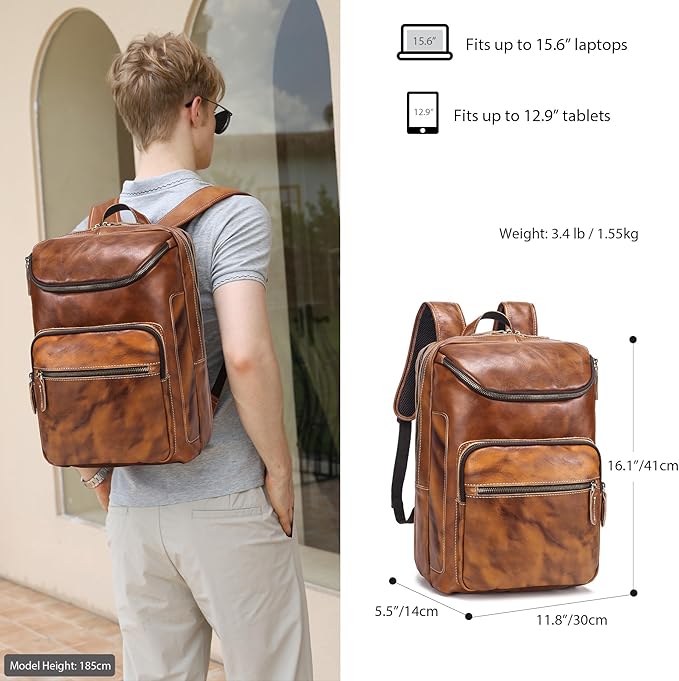 LANNSYNE Vegetable Tanned Leather Backpack For Men, 15.6" Leather Laptop Backpack Hiking Travel Bag Camping Rucksack