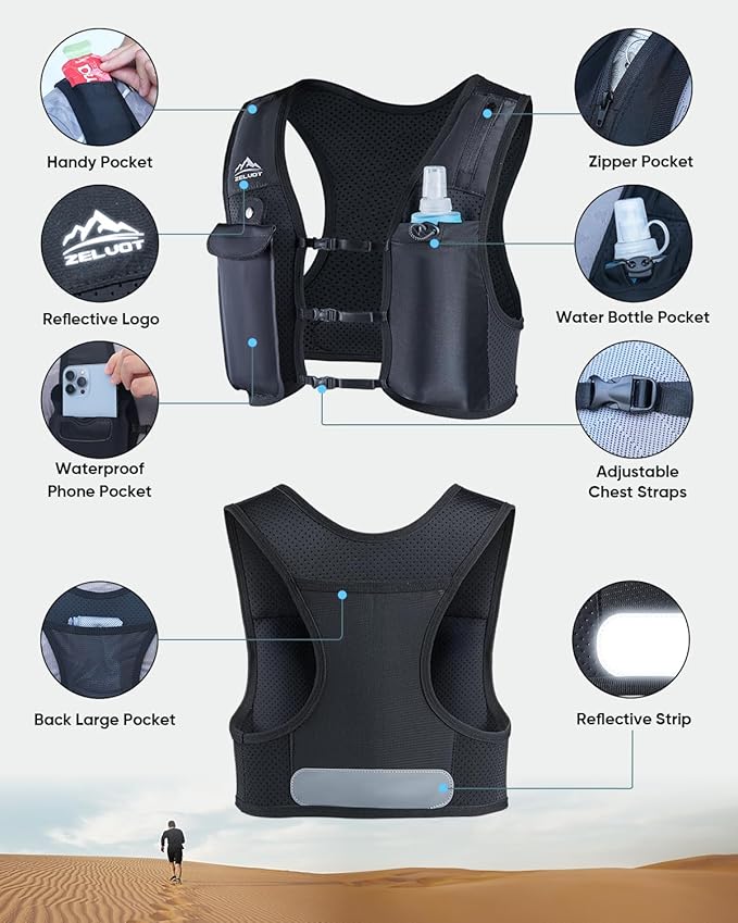 Zelvot Running Vest for Women Men, USA Original Patent, Adjustable Chest Straps Running Hydration Vest with 500ml Soft Flask, Lightweight Reflective Hydration Backpack for Marathon