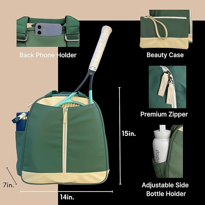 AYRES Tennis Backpack - Spacious Womens Tennis, Padel & Pickleball Bag | Quick-Access Racket Compartment (Fits 2) | Designer Tennis Bag, Water-Resistant & Easy To Clean, Makeup Pouch Included