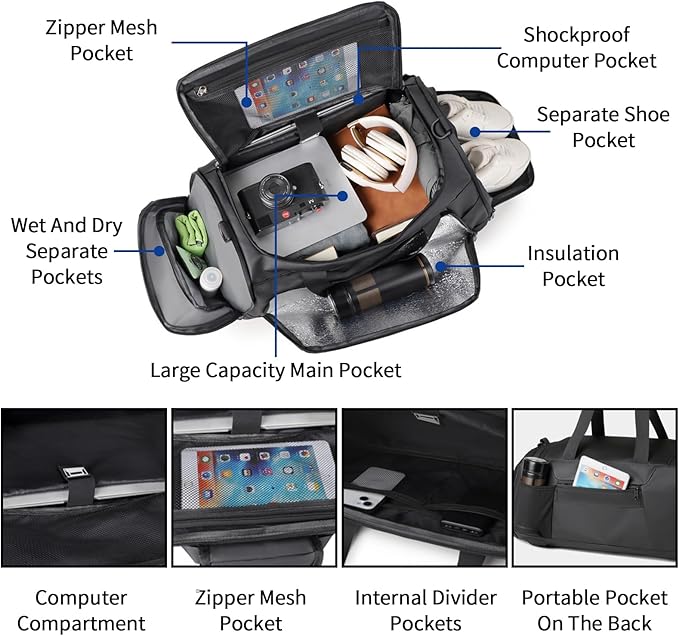 45L Large Gym Bag Sport Duffle Backpack for Men Women, Water Resistant Fitness Sport Tote Bags Travel Weekend Overnight Carry on Bag with Shoe & Wet & Insulation Pocket & Laptop Compartment